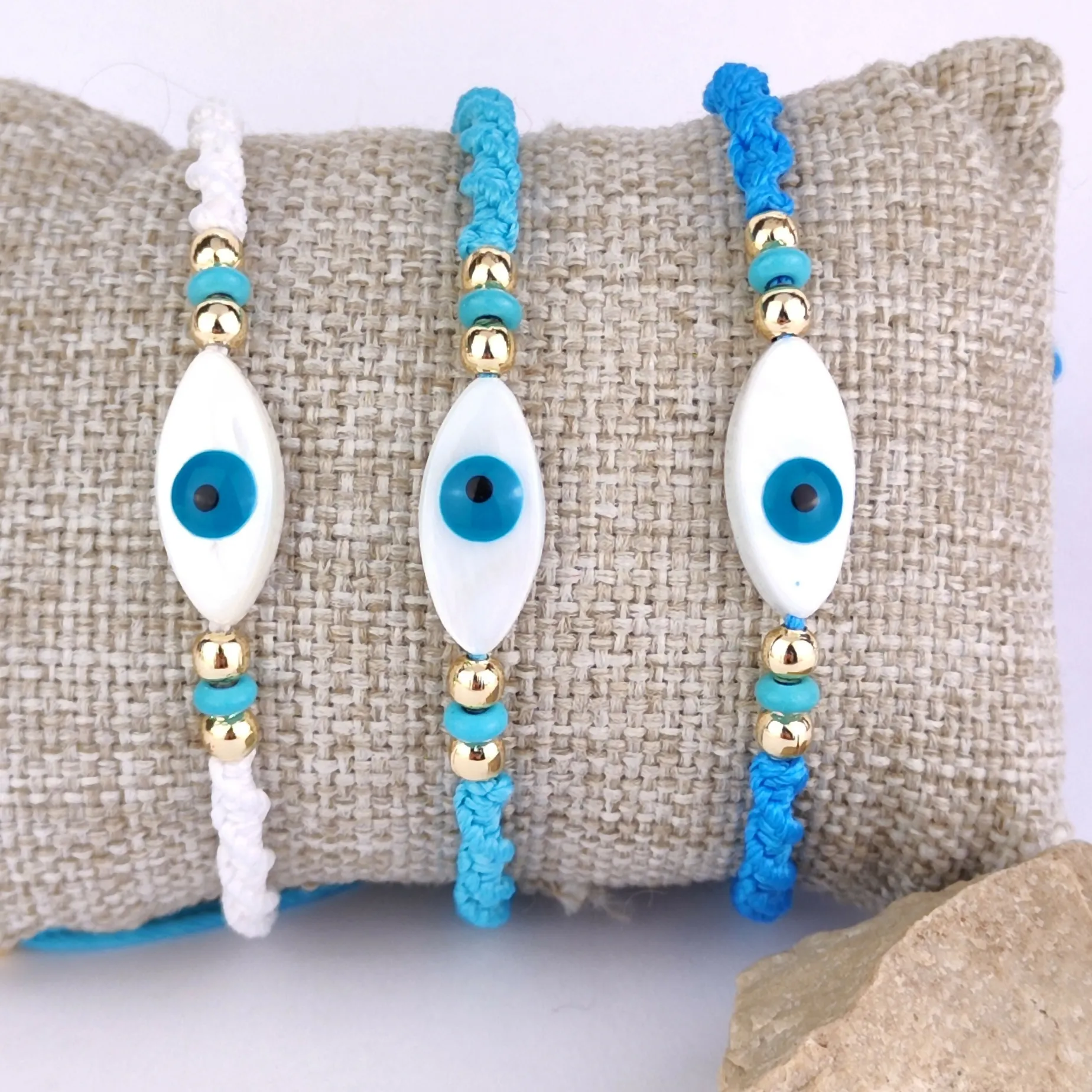 Evil Eye Macrame Bracelet - Natural Mother of Pearl Charm with Evil Ey