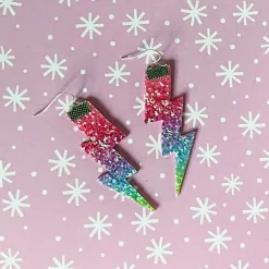 Flash Lightning Bolt Earrings in Rainbow Glitter