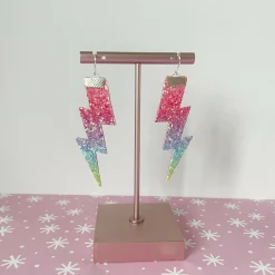 Flash Lightning Bolt Earrings in Rainbow Glitter