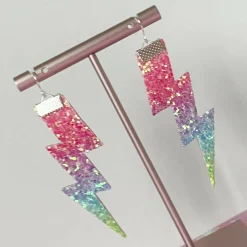 Flash Lightning Bolt Earrings in Rainbow Glitter