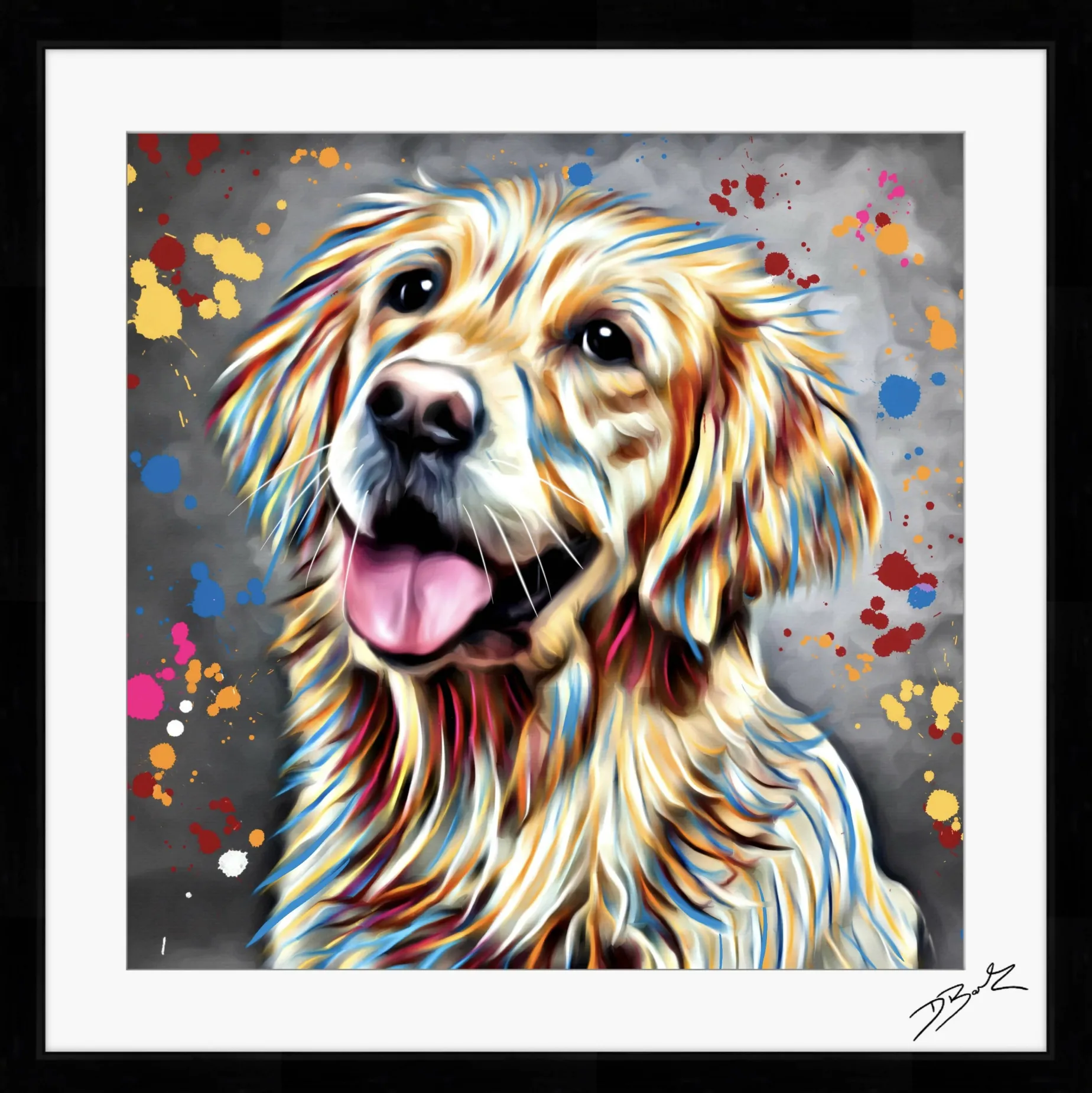 GOLDEN RETRIEVER DOG COLOUR SPLASH FRAMED ARTWORK.