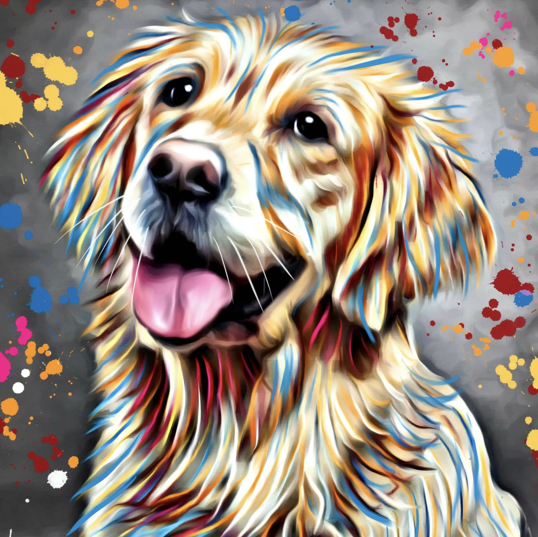 GOLDEN RETRIEVER DOG COLOUR SPLASH FRAMED ARTWORK.