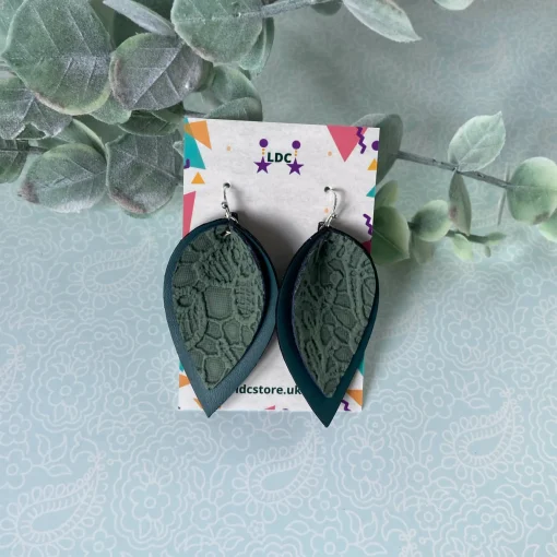 Green Lace Print Pinched Leaf Shaped Earrings in Faux Leather