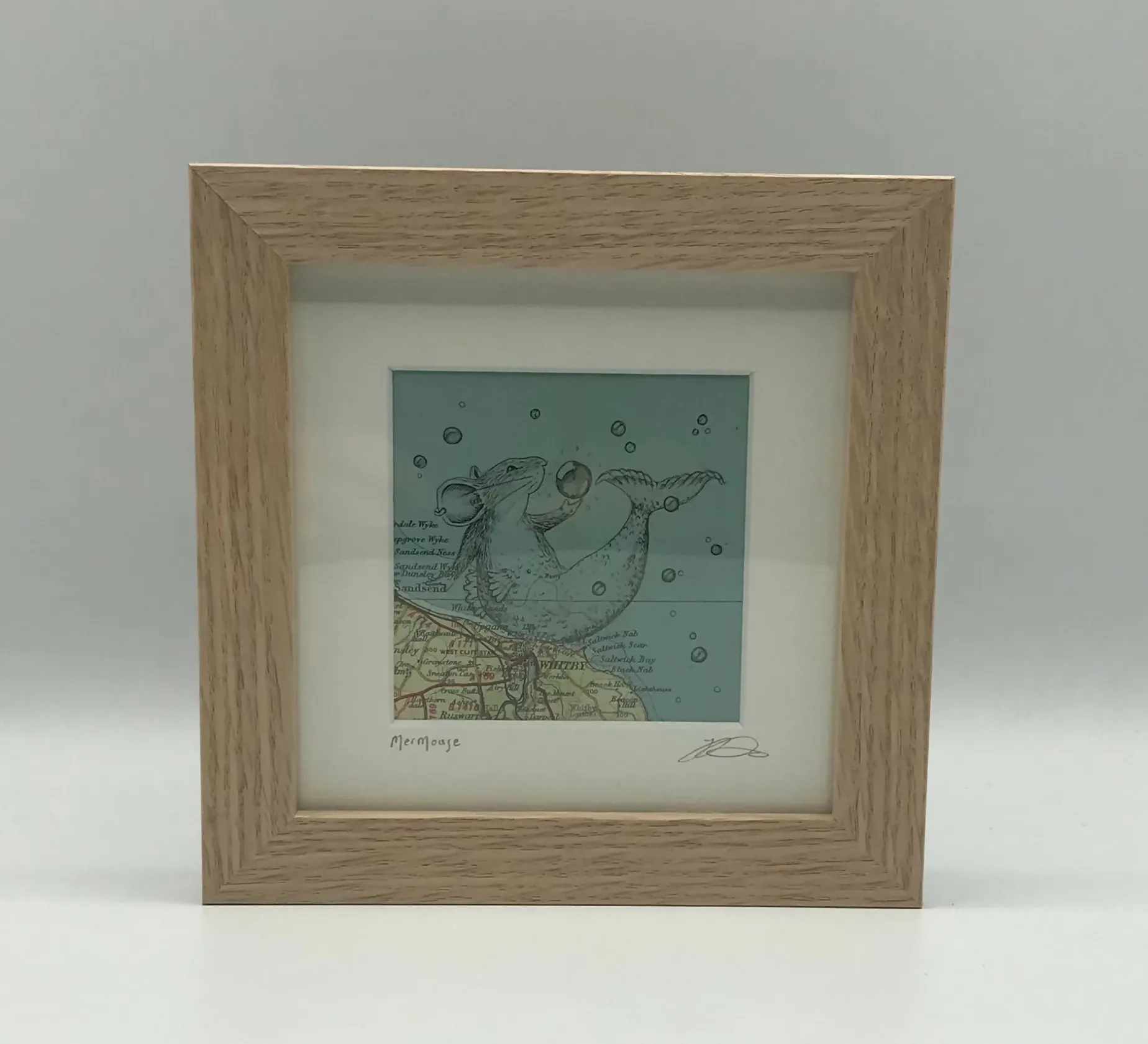 Mermouse - Original Pen Drawing on Vintage Map ( WHITBY)