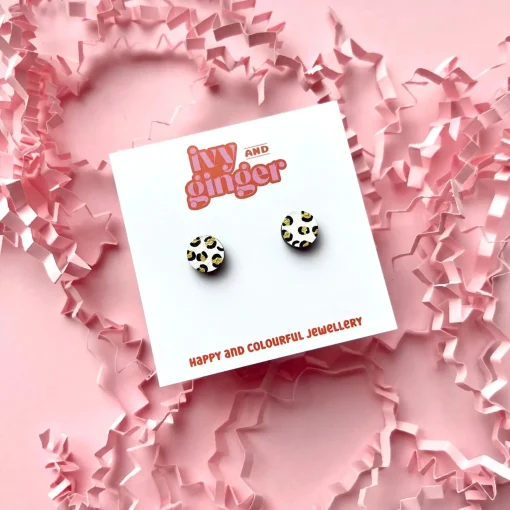 Mini White and Gold Circle Leopard Print Stud Earrings