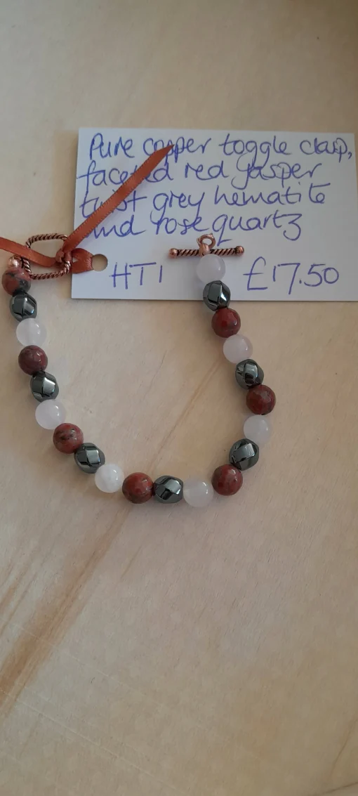 Pure Copper Clasp Bracelet with Faceted Red Jasper, Twist Hematite and