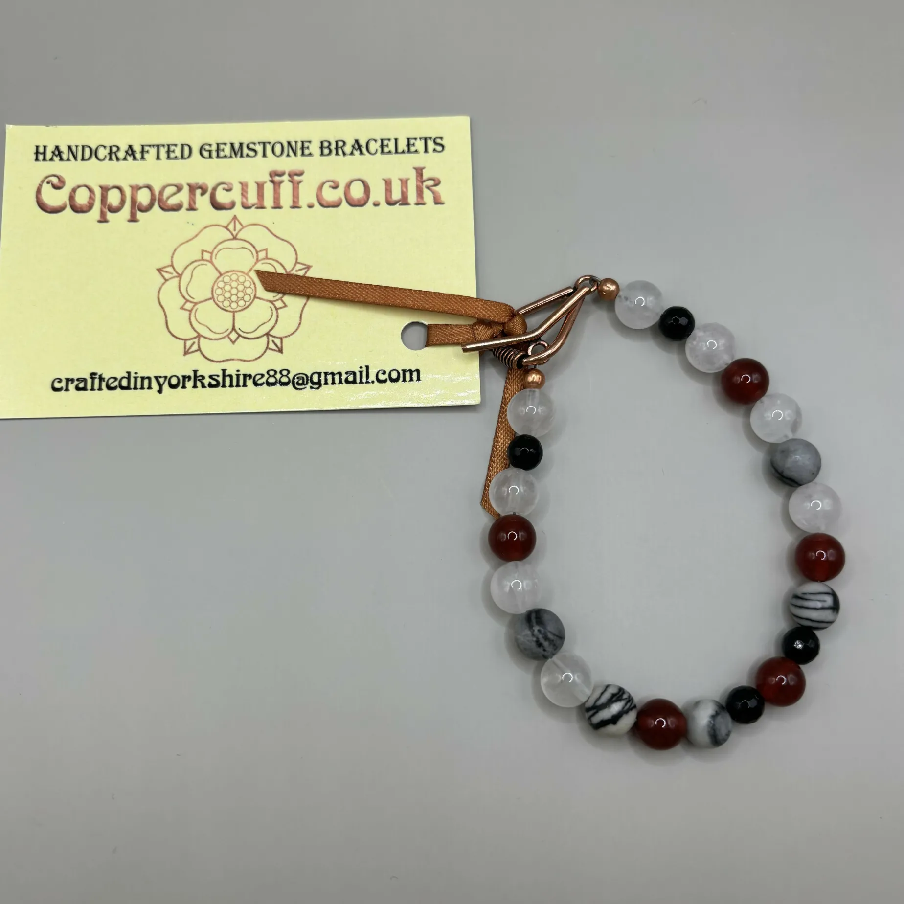 Rose Quartz, Onyx, Carnelian and Black Silkstone Bracelet