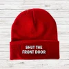 Shut The Front Door Cuffed Rectangular Patch Beanie Hat